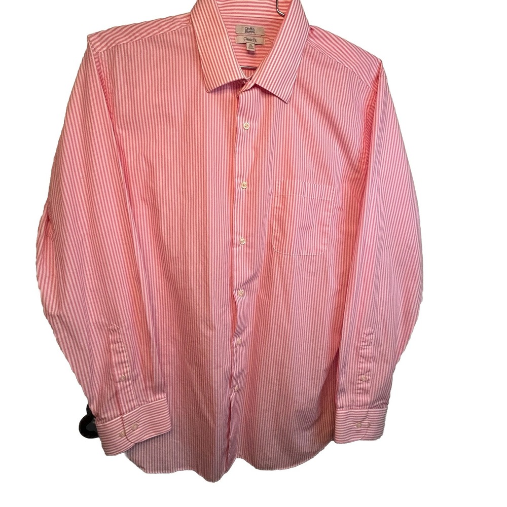 Croft & Barrow Mens‎ XL 17-17.5 Buttoned Long Sleeve Pink White Striped Shirt